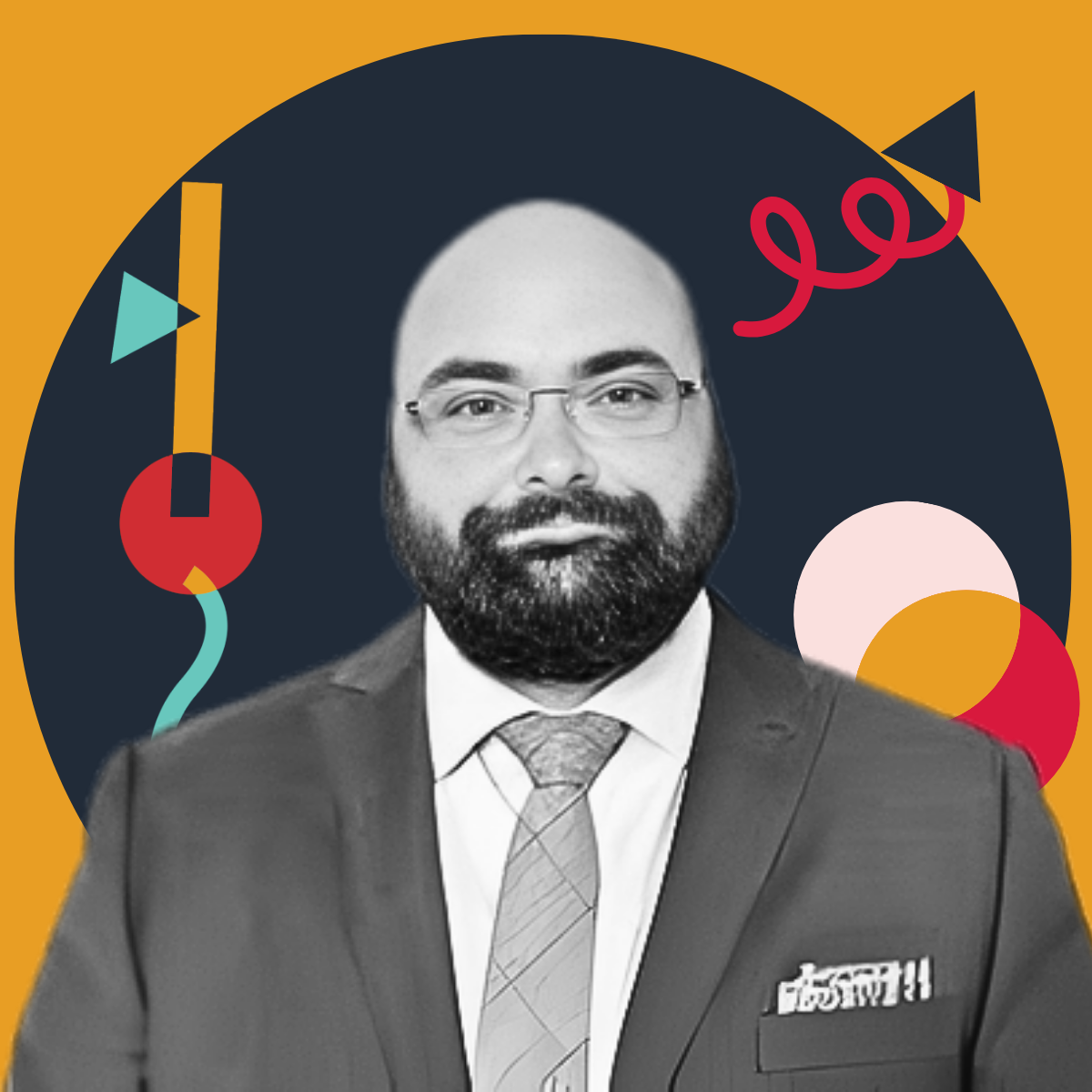 A professionally dressed man with glasses and a beard, wearing a suit and tie, in front of a graphic background with abstract shapes and bold colors.