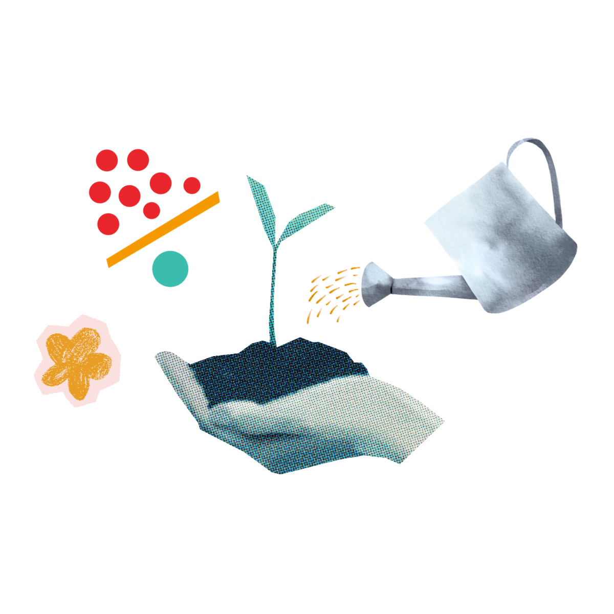 A digital illustration showing a small plant being watered by a white watering can with a gray handle, surrounded by abstract colorful shapes and a hand holding soil.