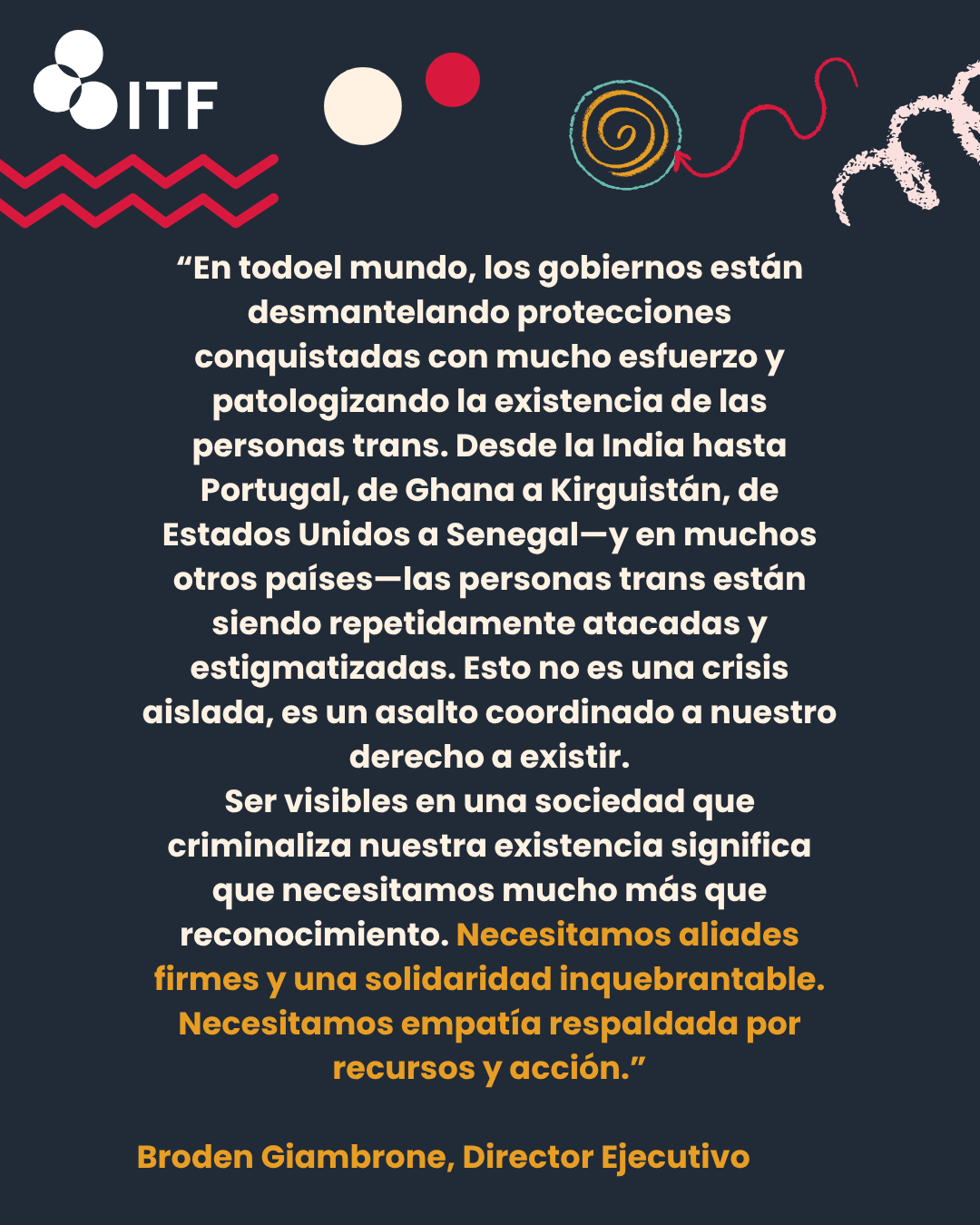 Quote on social issues with the ITF logo at the top, featuring abstract graphics and text emphasizing the need for solidarity and empathy for trans rights.