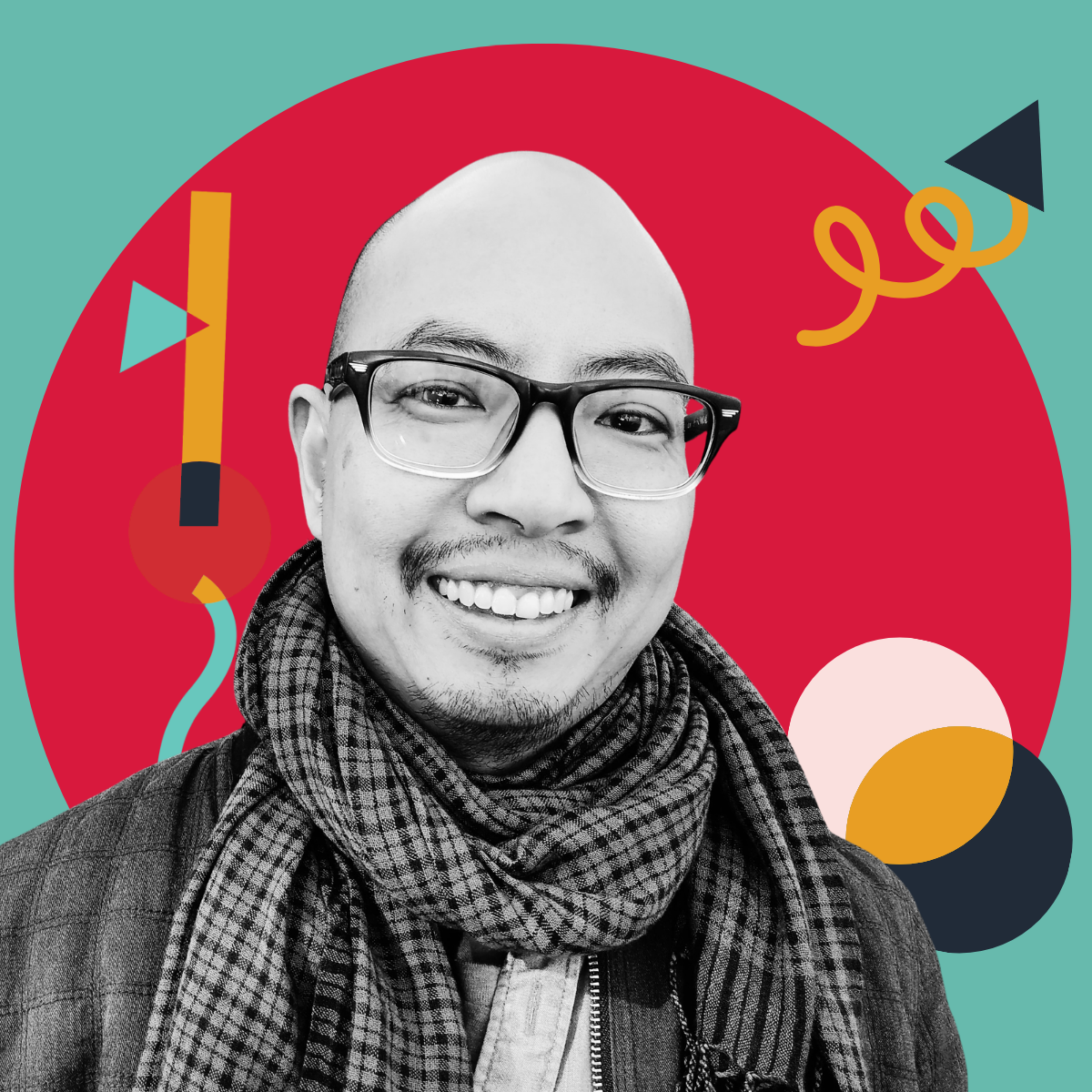 Black and white portrait of a smiling man wearing glasses, a checkered scarf, and a jacket, set against an abstract colorful background with geometric shapes.