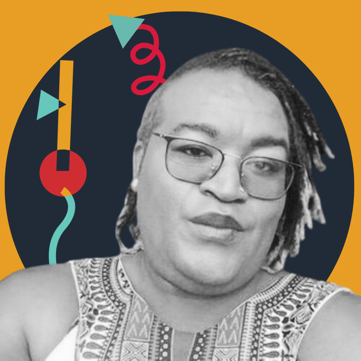 Black and white portrait of a woman with glasses, dreadlocks, and earrings, set against a colorful, abstract background with shapes and patterns.