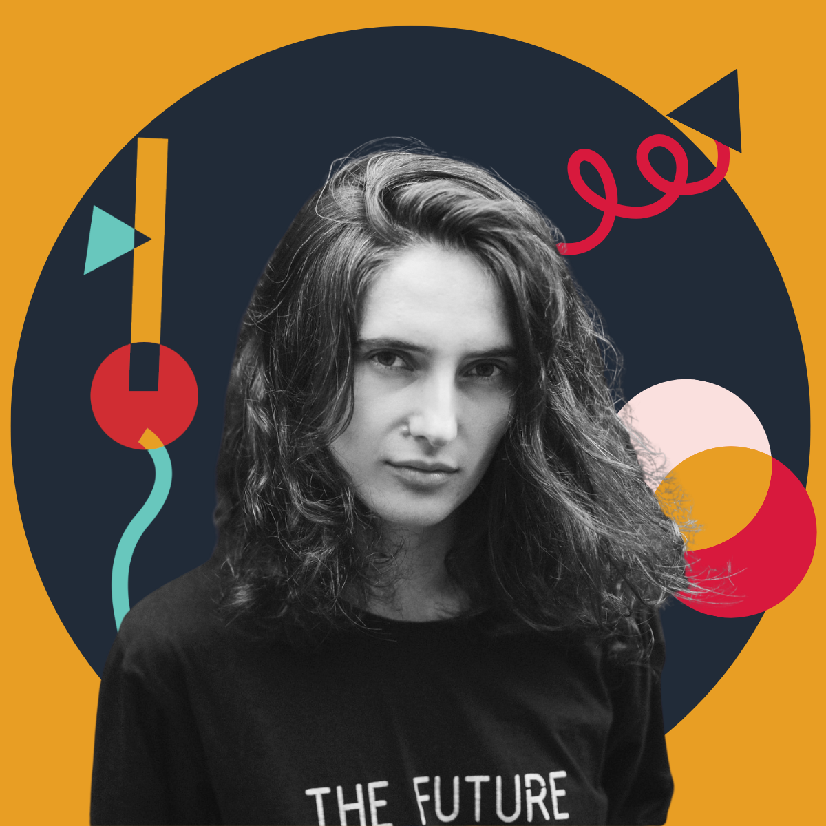 Black and white portrait of a young woman with curly hair, wearing a black shirt with white text, superimposed on a colorful, abstract graphic background.