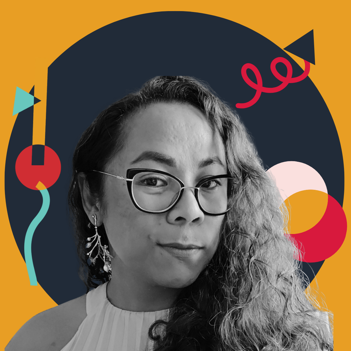 A black and white portrait of an Asian woman with long, curly hair, wearing glasses, earrings, and a sleeveless top, against a colorful, abstract background with geometric shapes.