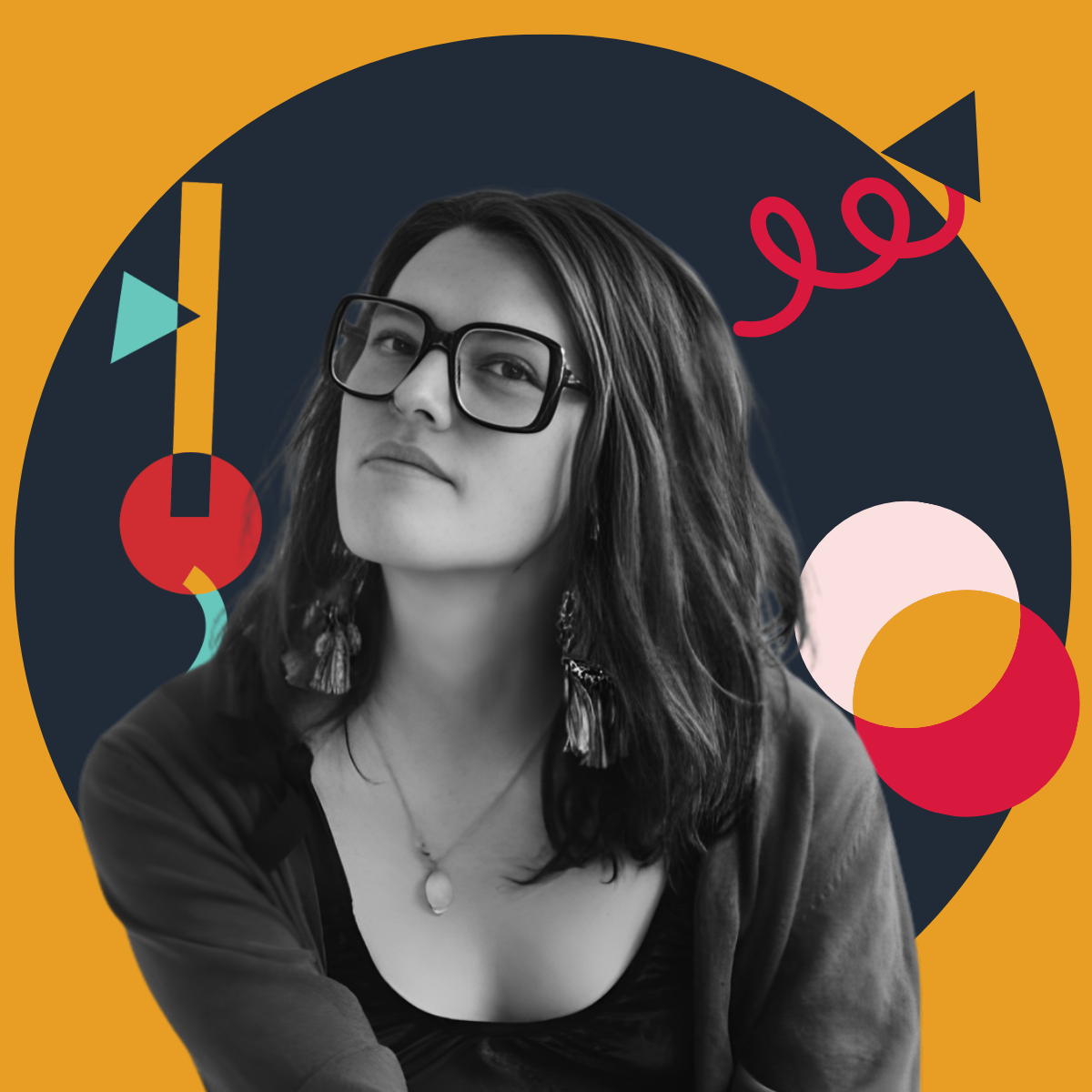 Black and white portrait of a woman with glasses, wearing earrings and a necklace, against a colorful abstract background.