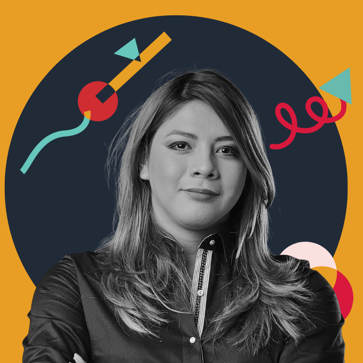 A black and white photo of a woman with shoulder-length hair and a calm expression, wearing a black zip-up shirt, with abstract colorful shapes in the background.
