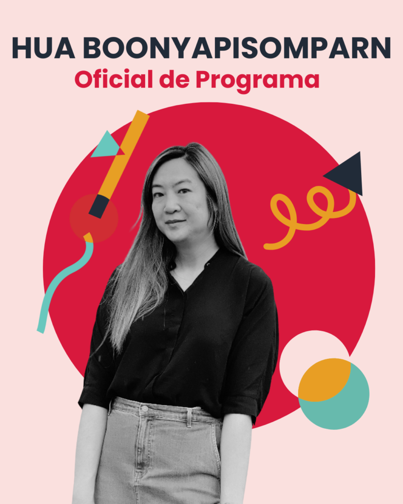 A flyer for HUA BONYAPISOMPARN's official program features a black-and-white photo of her in front of a red circle on a pink background, with colorful geometric shapes and text in bold fonts.