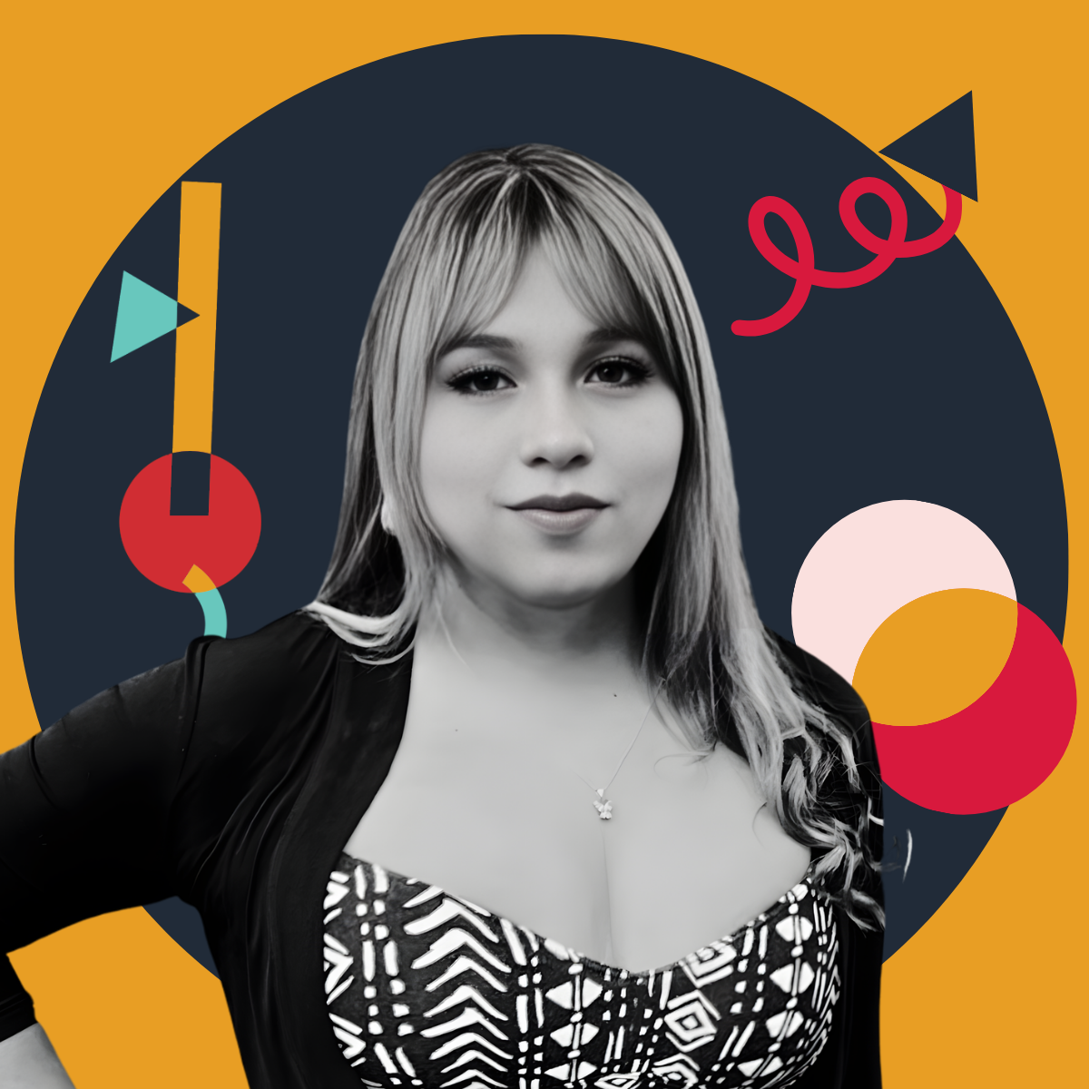 Black and white portrait of a young woman with long hair, wearing a patterned top and a necklace, set against a colorful abstract background with geometric shapes.