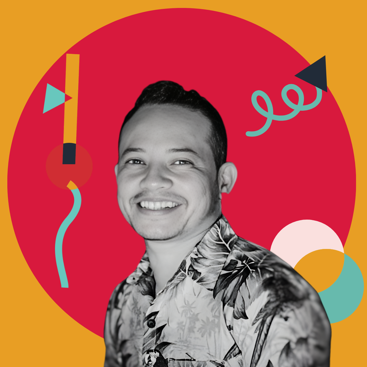 Black and white portrait of a smiling man wearing a Hawaiian shirt, set against a colorful graphic background with geometric shapes and squiggly lines.