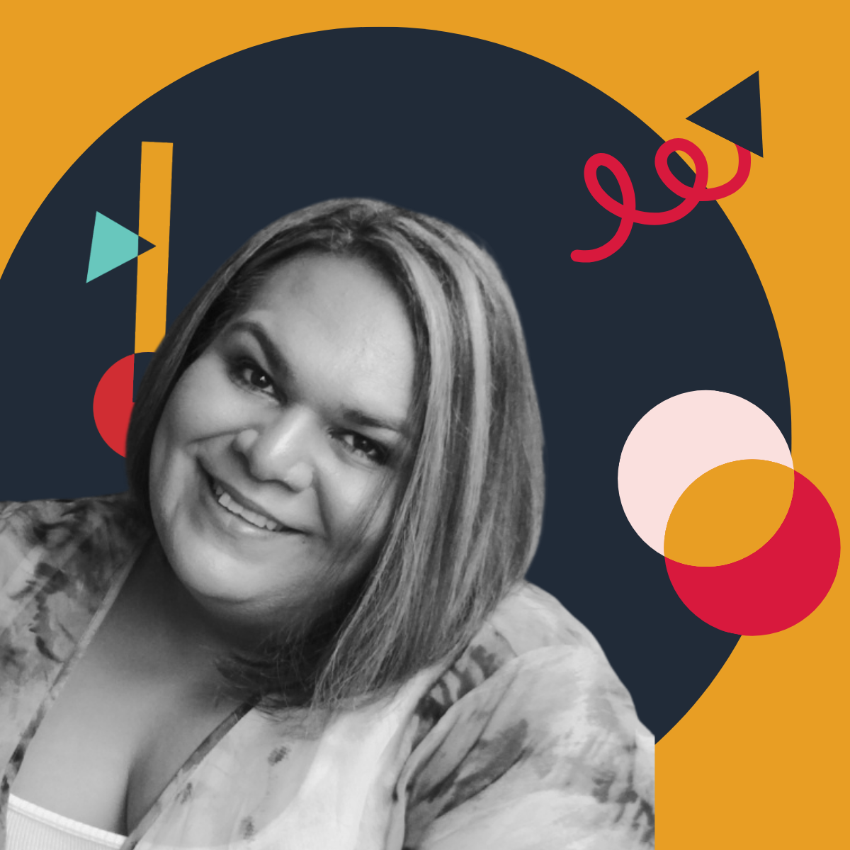 Black and white portrait of a smiling woman with shoulder-length hair, wearing a patterned top, set against a colorful abstract geometric background.