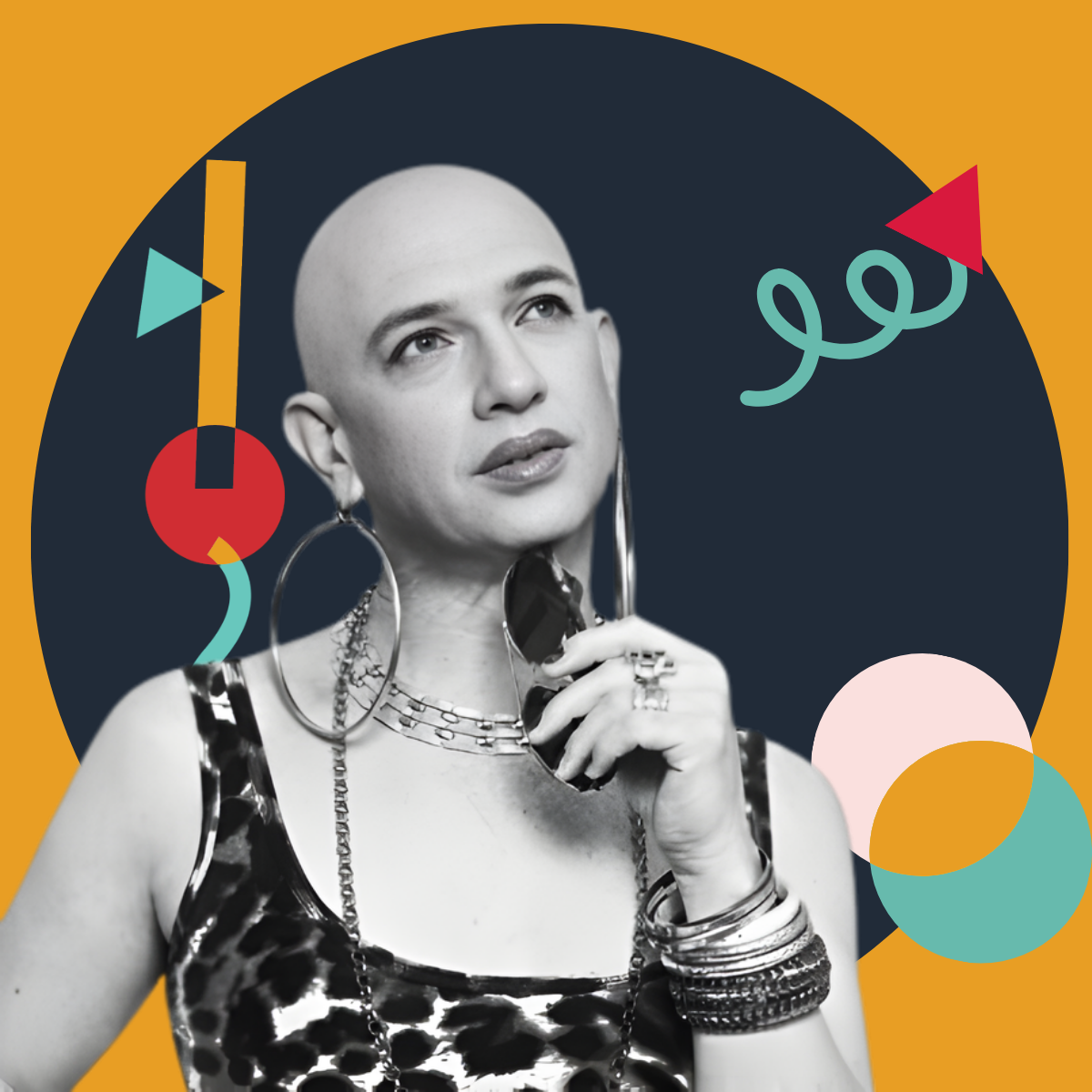 A black and white portrait of a trans person with a shaved head, wearing large hoops earrings, layered necklaces, and multiple bracelets, set against a colorful abstract background with geometric shapes and the word 'love' written in cursive.