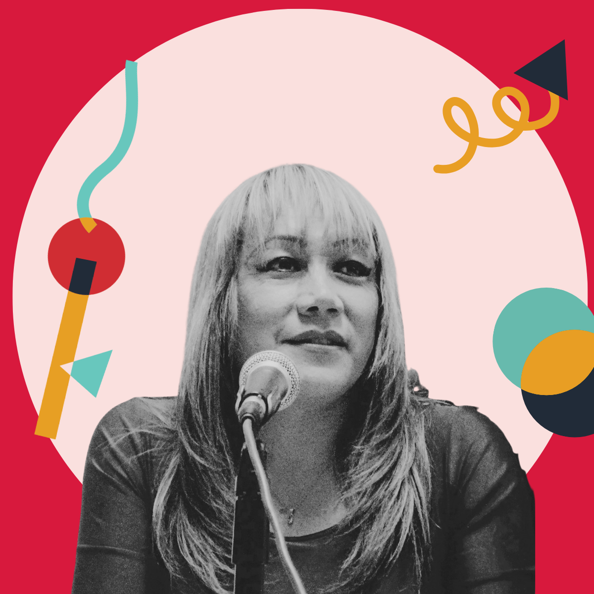 Black and white photo of a woman with long hair, speaking into a microphone, surrounded by colorful abstract shapes and patterns on a pink and red background.