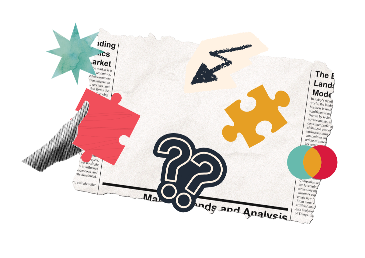 A collage with torn newspaper background featuring various colorful abstract shapes, including a teal star, a red puzzle piece, a yellow puzzle piece, a teal circle, a red circle, and a black question mark with white outline. Two black arrows point downward, and a grey hand is holding the red puzzle piece.