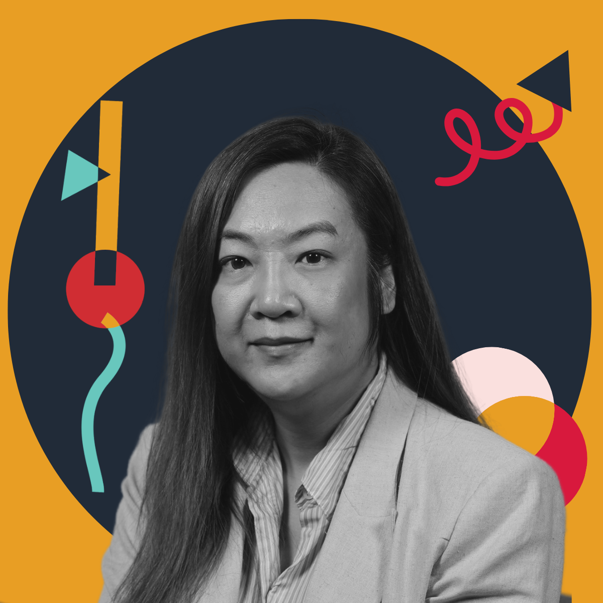 Black and white portrait of a woman with long dark hair, wearing a light-colored blazer, set against a colorful abstract background with shapes and patterns.