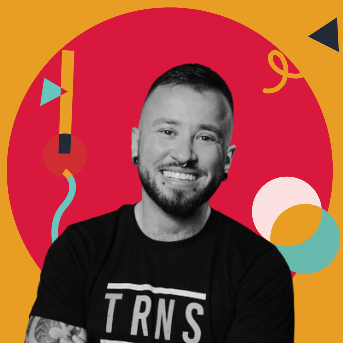 A smiling black-and-white photo of a young man with tattoos, earrings, and facial piercings, wearing a black t-shirt, set against a colorful abstract background with geometric shapes and bold colors.