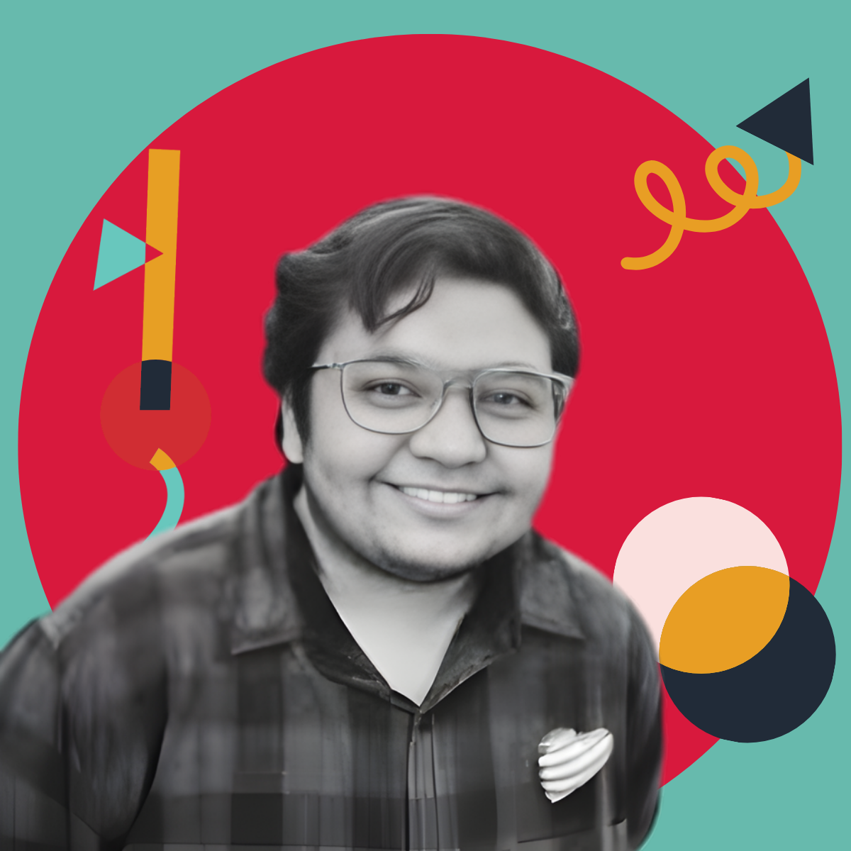 A black and white portrait of a smiling young man wearing glasses and a plaid jacket, with a heart-shaped badge on his chest, set against a colorful abstract background.
