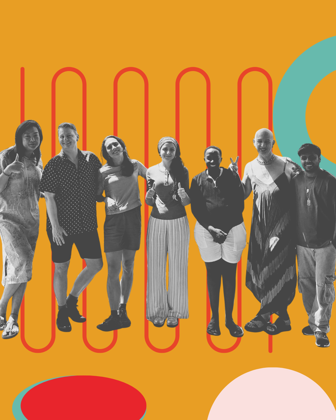 Some of ITF's standing together with a colorful abstract background.