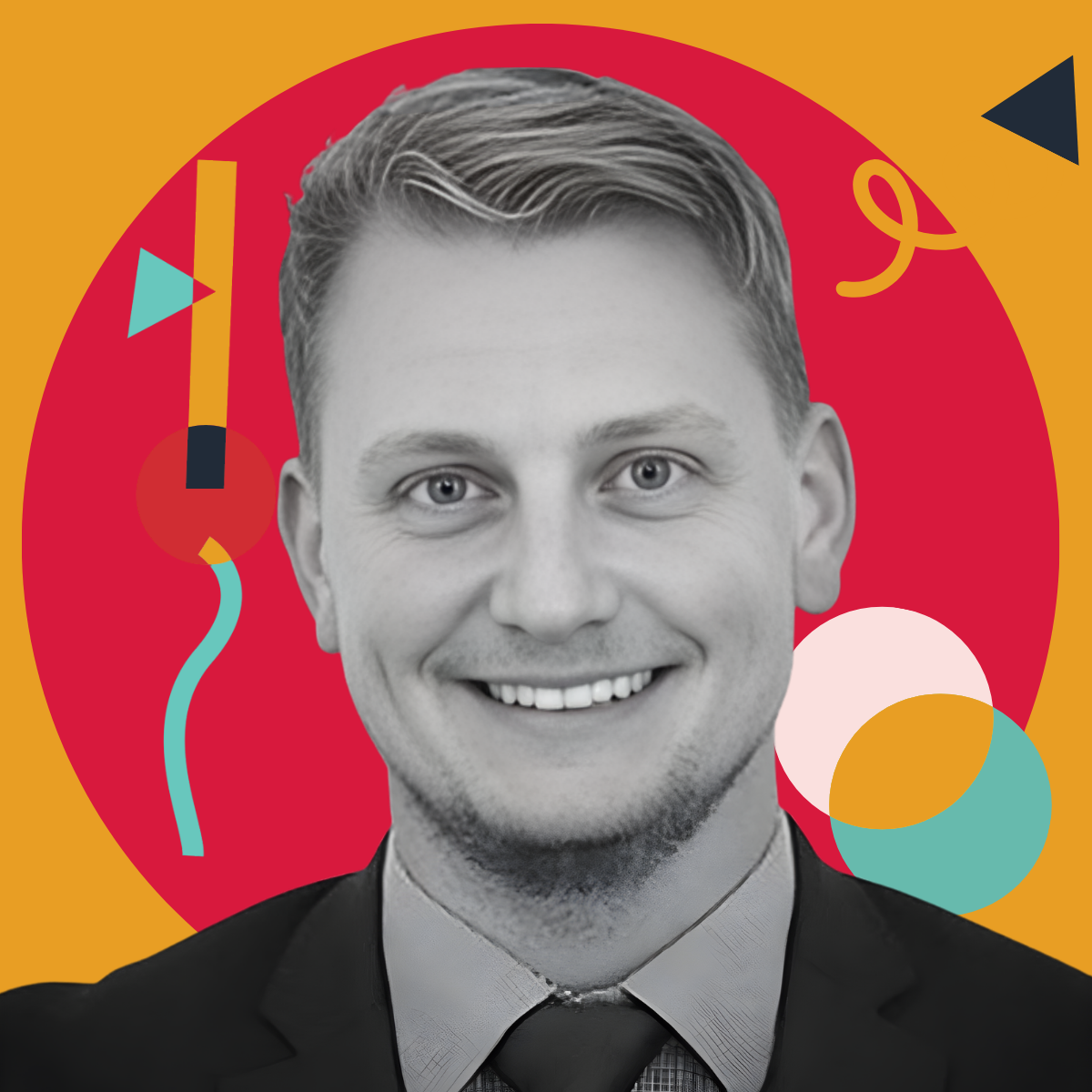 Black and white portrait of a young man with short hair, smiling, with colorful abstract shapes and patterns behind him.