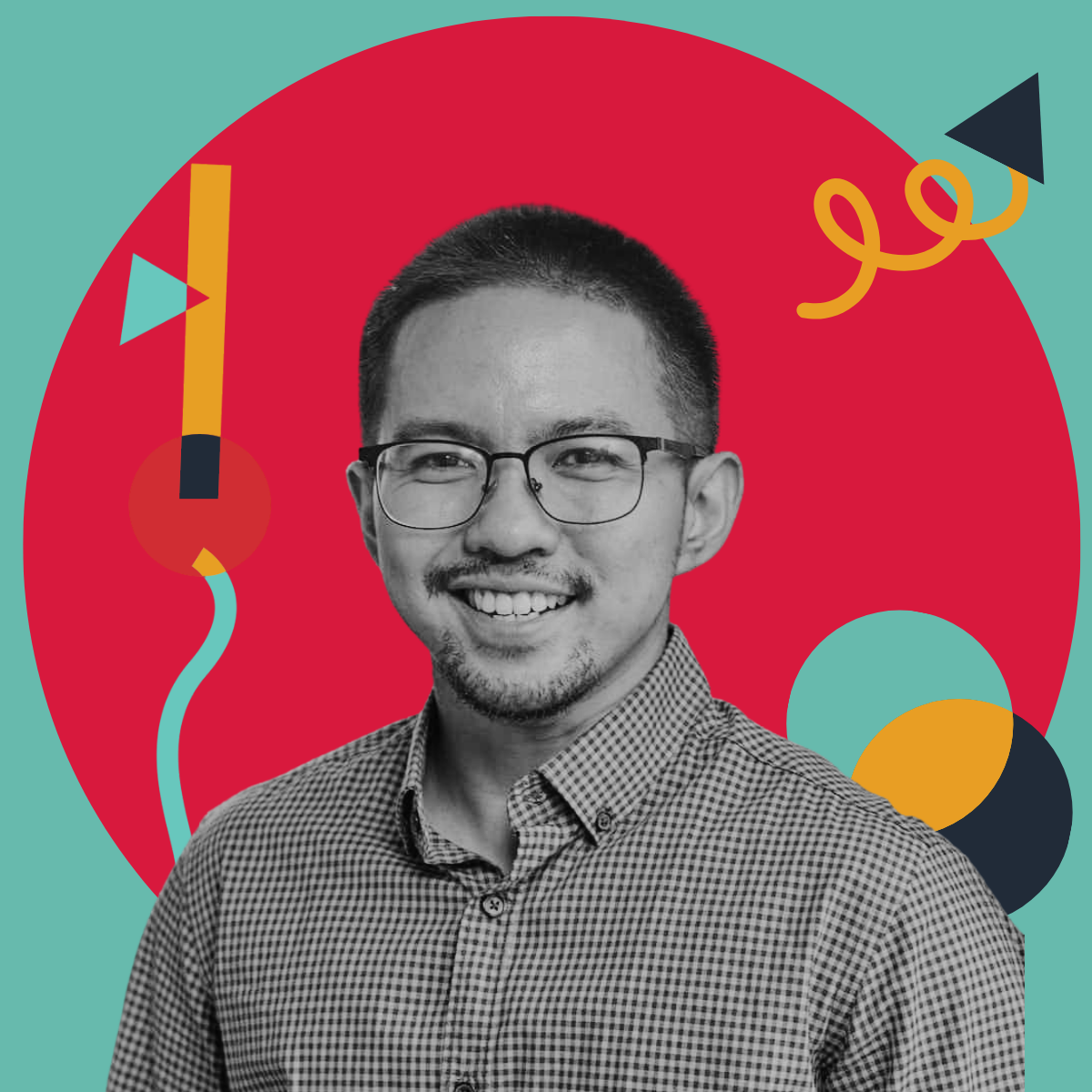 Black and white portrait of a smiling man wearing glasses and a checked shirt, set against a colorful, abstract background with geometric shapes and curvy lines.