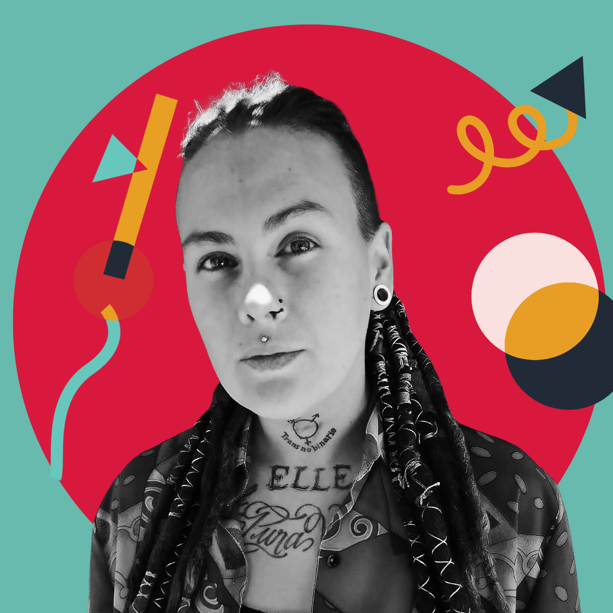 Black and white portrait of a person with long braided hair, tattoos on neck and chest, face piercings, against a colorful abstract background with geometric shapes and patterns.