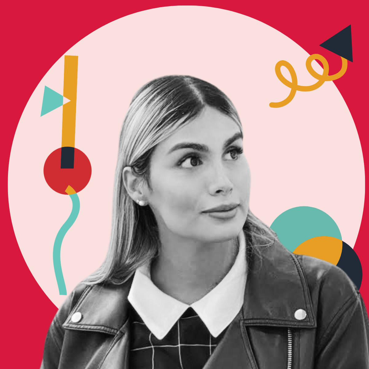Black and white portrait of a woman with blonde hair, wearing a leather jacket and white collared shirt, set against a colorful, abstract background.
