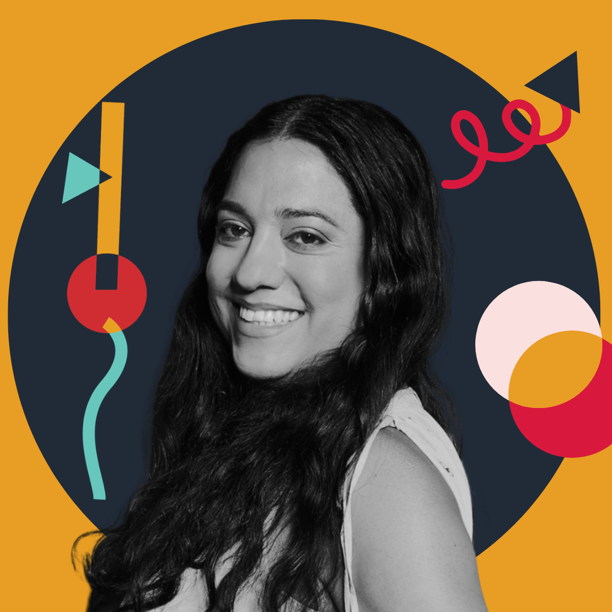 Black-and-white portrait of a smiling woman with long dark hair, surrounded by colorful abstract shapes on a dark background with a gold border.