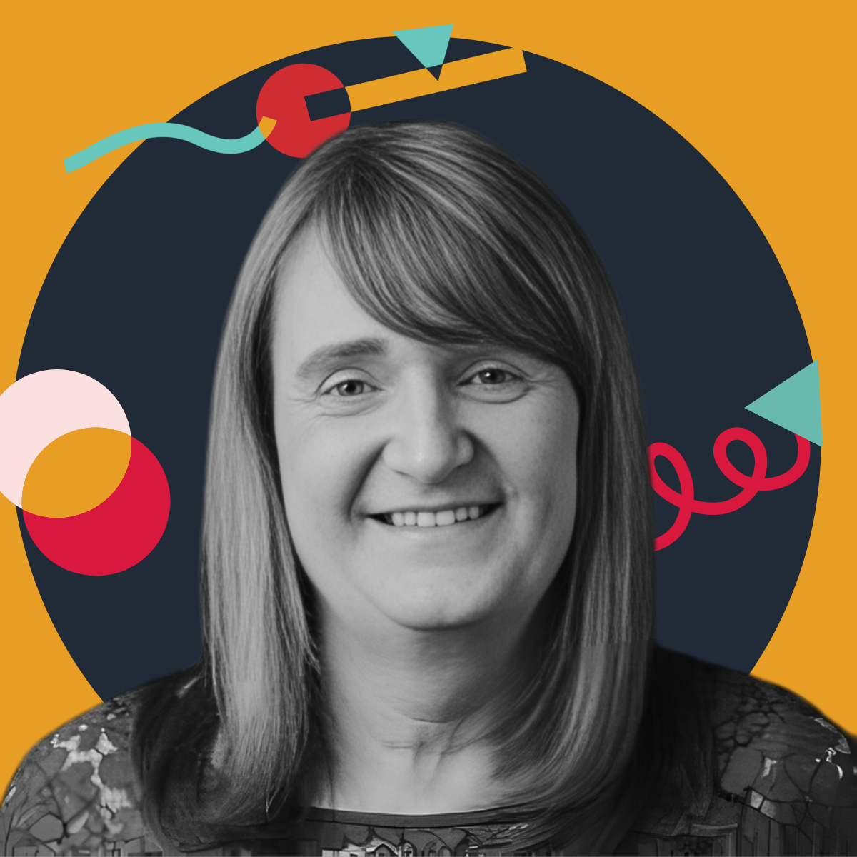 Black and white portrait of a smiling woman with shoulder-length hair, set against a colorful, abstract background with circles, squiggles, and triangles.