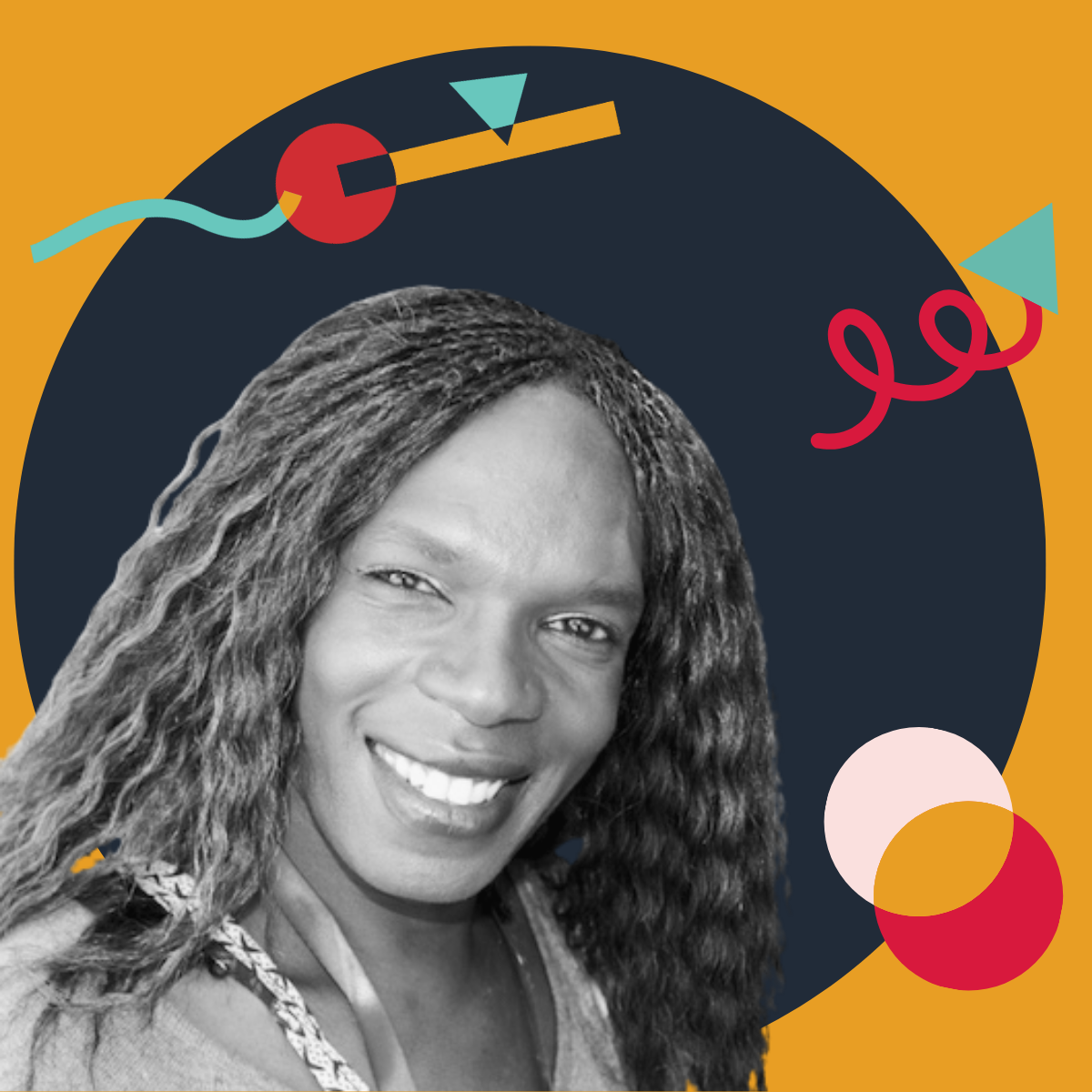 Black and white portrait of a smiling woman with long, wavy hair, set against a colorful abstract background with geometric shapes.