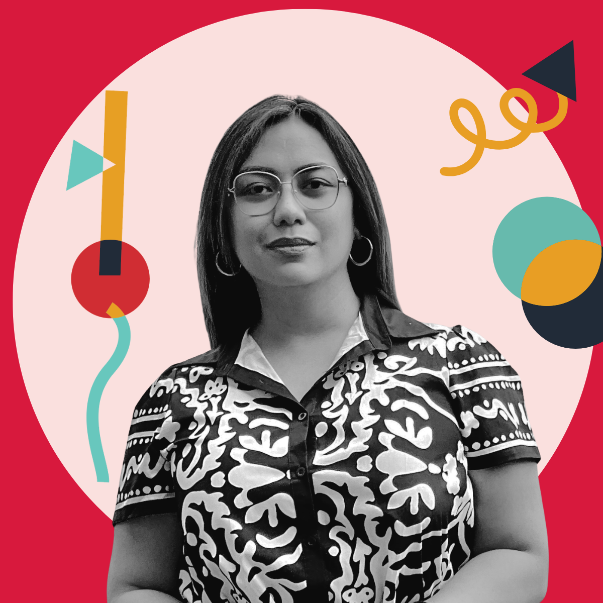 Black and white photo of a woman with glasses and hoop earrings, wearing a patterned shirt, set against a colorful geometric background.