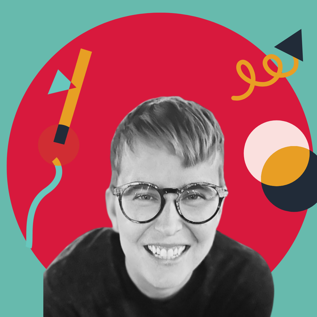Black and white photo of smiling person with short hair and glasses, set against a vibrant, colorful background with geometric shapes.