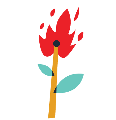 A cartoon-style red flaming torch with a yellow handle and two teal leaves.