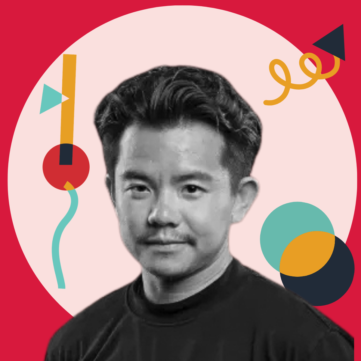 Black and white portrait photograph of a young man with styled hair, set against a colorful abstract background with geometric shapes.