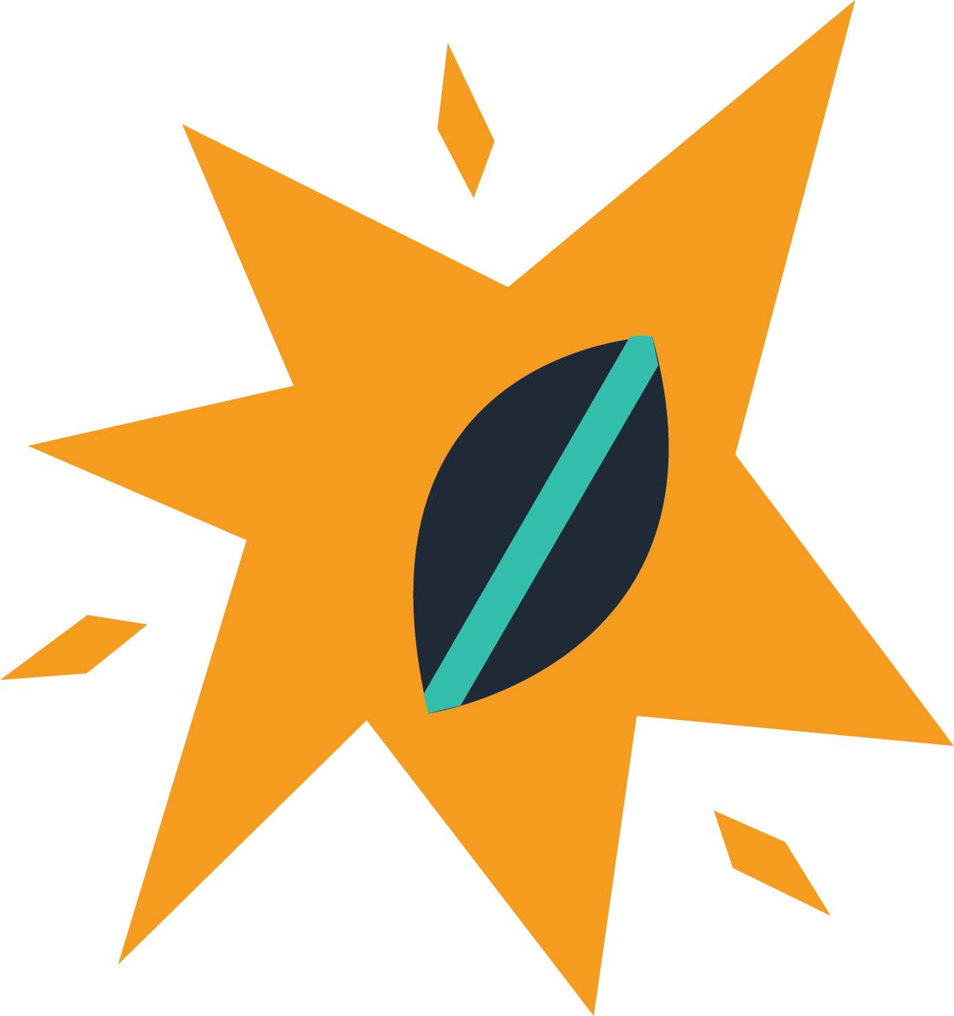 An illustration of a stylized orange star with jagged edges, featuring a black and teal seed shape at its center.