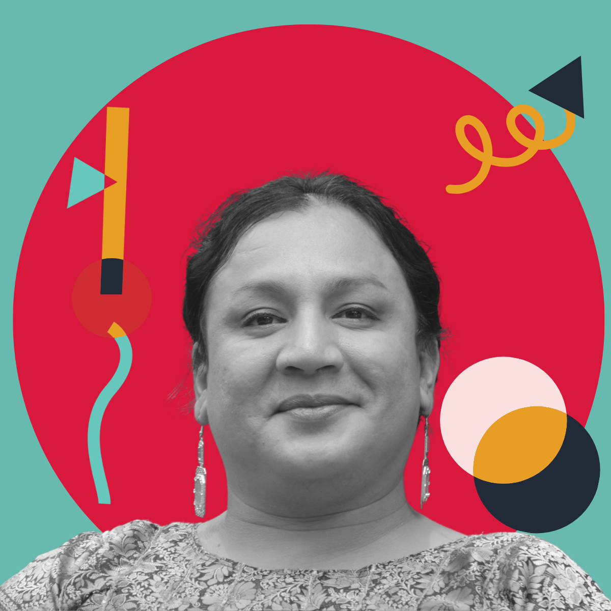 A black and white portrait of a woman with earrings and a patterned top, set against a colorful graphic background with abstract shapes and a red circle.