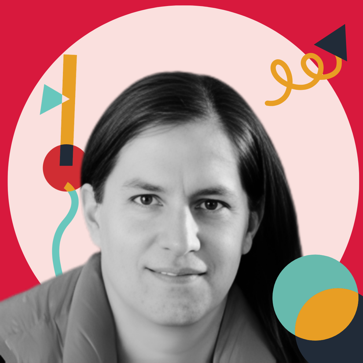A black-and-white portrait of a person with long dark hair smiling, set against a colorful abstract background with geometric shapes and a pink circle.