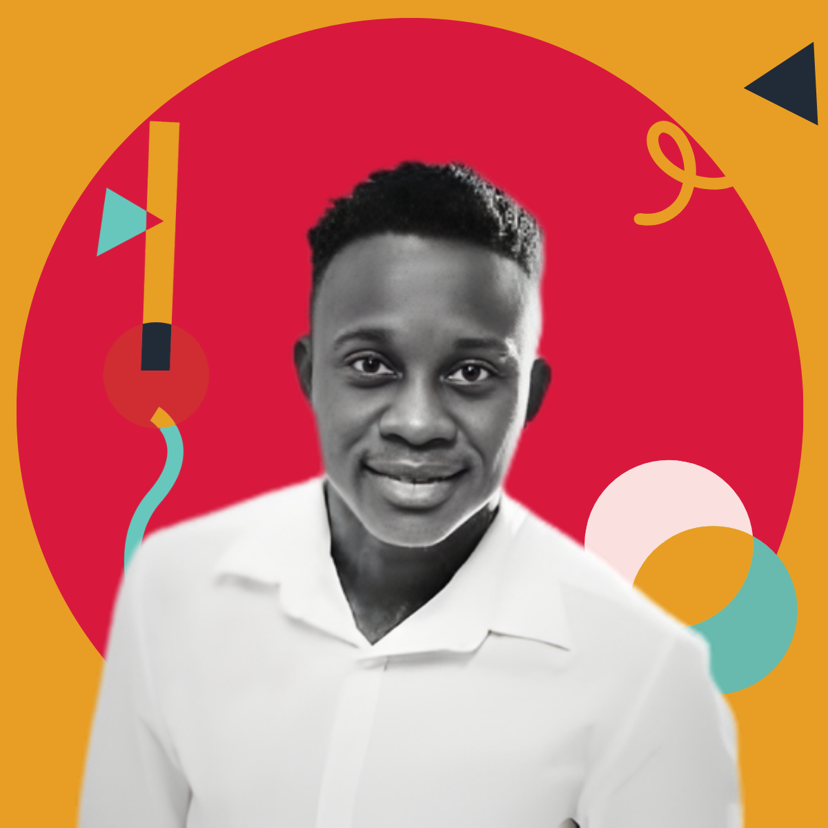 Black and white portrait of a smiling young woman in a white shirt, with a colorful abstract background.