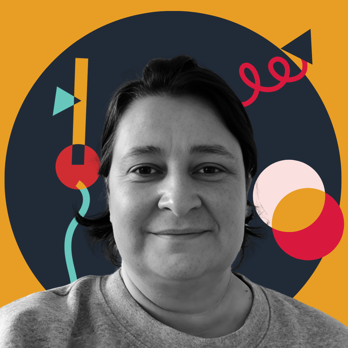 Black and white portrait of a smiling woman with short dark hair, set against a colorful geometric background with shapes and lines.