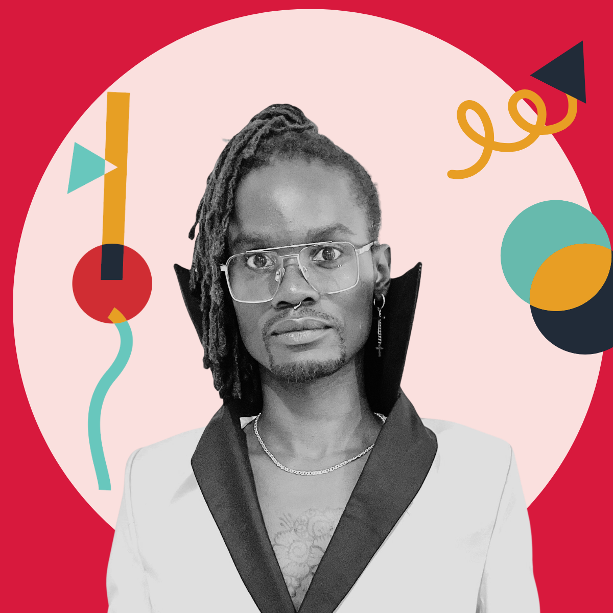 A black-and-white portrait of a person with dreadlocks, glasses, earrings, and a septum piercing, dressed in a blazer with a tattoo visible on their chest, set against a colorful, abstract background with geometric shapes and squiggly lines.