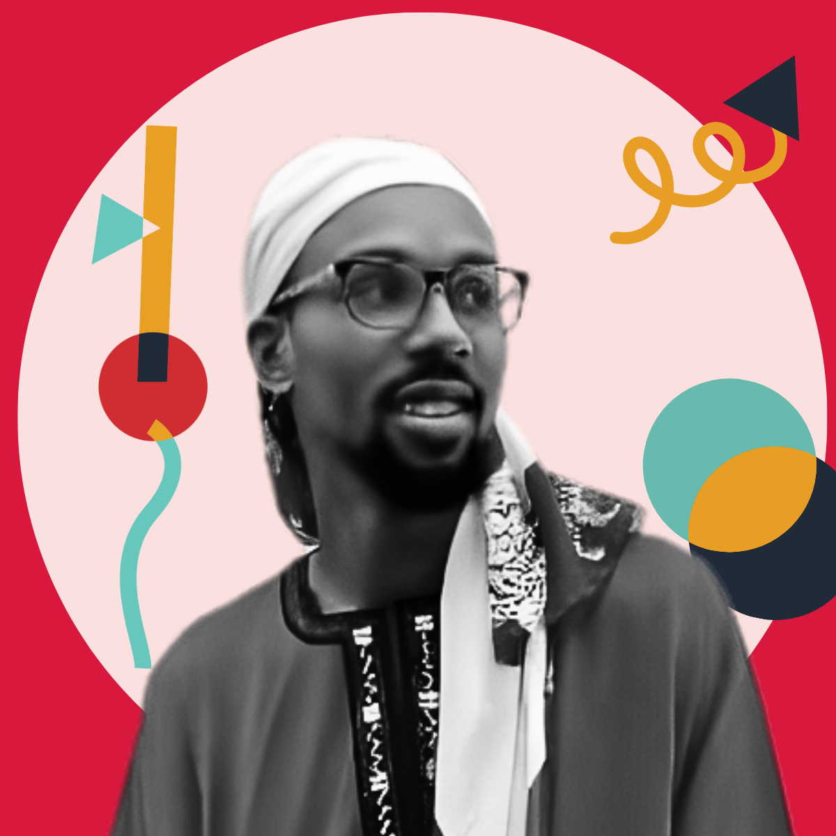 Black and white photo of a man wearing glasses, a white headwrap, and patterned clothing, set against a colorful, abstract geometric background.