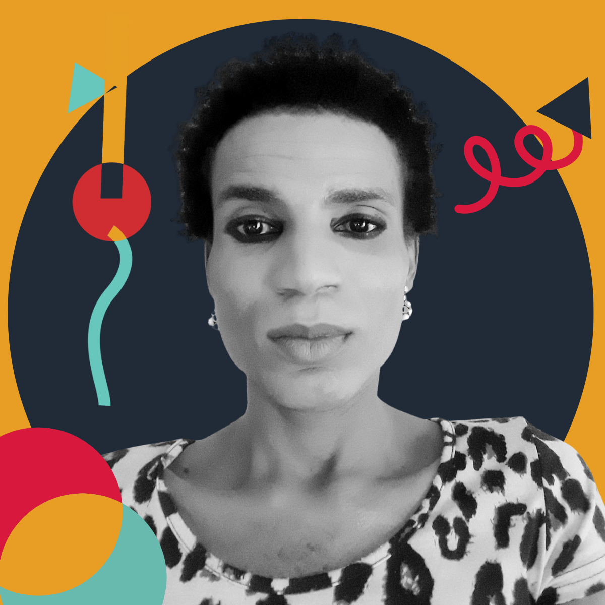 Black and white portrait of a woman with short curly hair, wearing earrings and a leopard print top, surrounded by colorful abstract shapes on a mustard and black background.