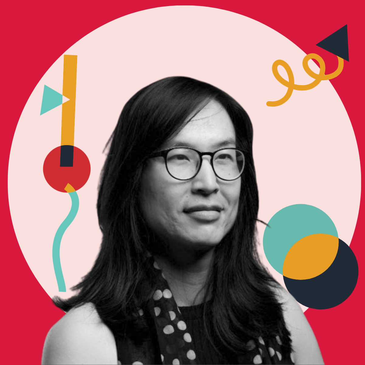 A black and white portrait of a woman with shoulder-length dark hair and glasses, set against a colorful graphic background with abstract shapes.