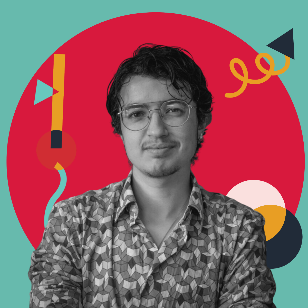 Black and white photo of a young man with glasses, wearing a patterned shirt, set against an abstract colorful background with geometric shapes.