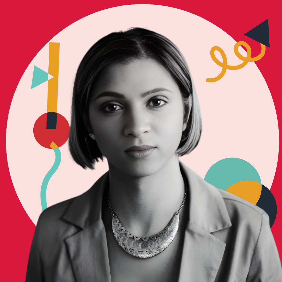 Black and white portrait of a woman with short hair, wearing a necklace and blazer, set against a background with geometric shapes and a red circle.