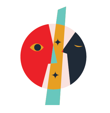 Abstract circular design with stylized animal faces divided into sections of red, black, and dark blue, with yellow and white accents.