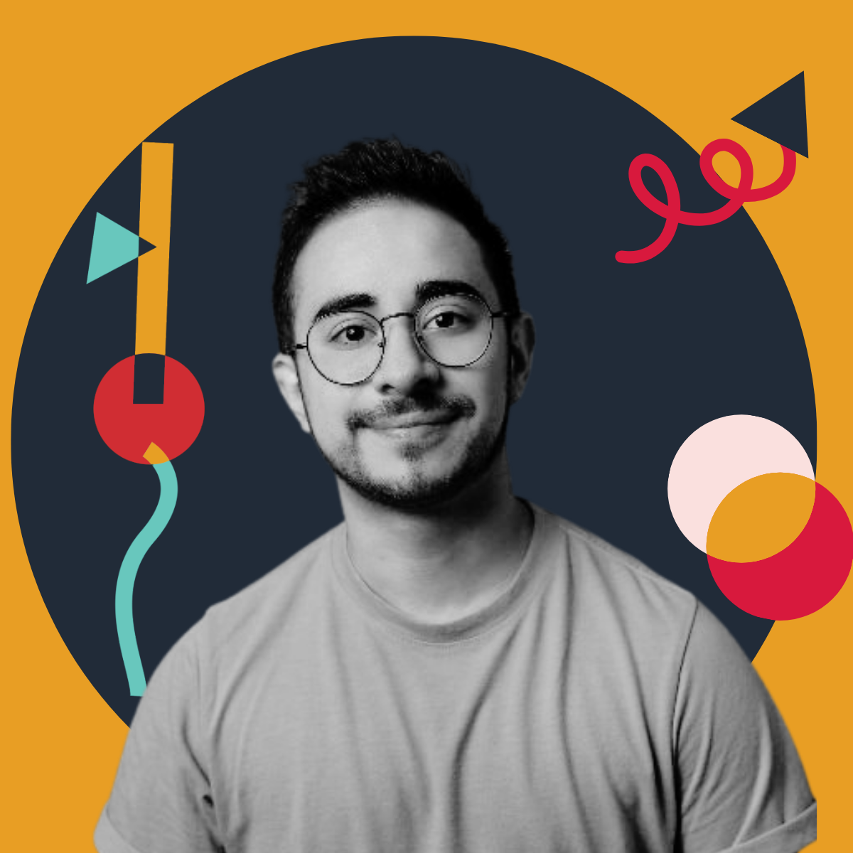 A young man with glasses smiling, wearing a light-colored t-shirt, with a graphic background of abstract shapes and colors.