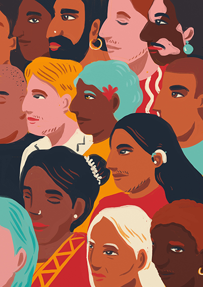 Illustration of a diverse group of trans people of various ages and ethnicities with different hair colors and styles, some wearing earrings and accessories, a hearing aid all facing sideways.
