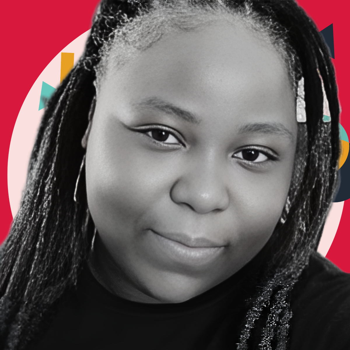 Close-up portrait of a woman with braided hair, smiling softly, against a colorful geometric background.