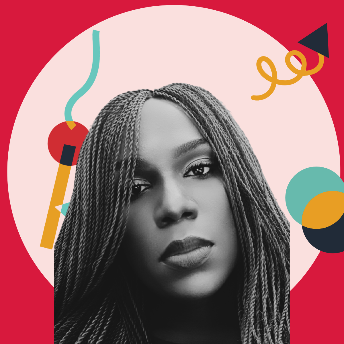 Black and white portrait of a woman with long braided hair, set against a colorful geometric background.