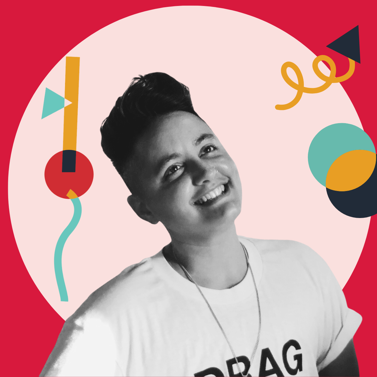 A black and white photo of smiling woman with short hair, wearing a white t-shirt with the word 'PRAG', against a colorful background with geometric shapes and patterns.