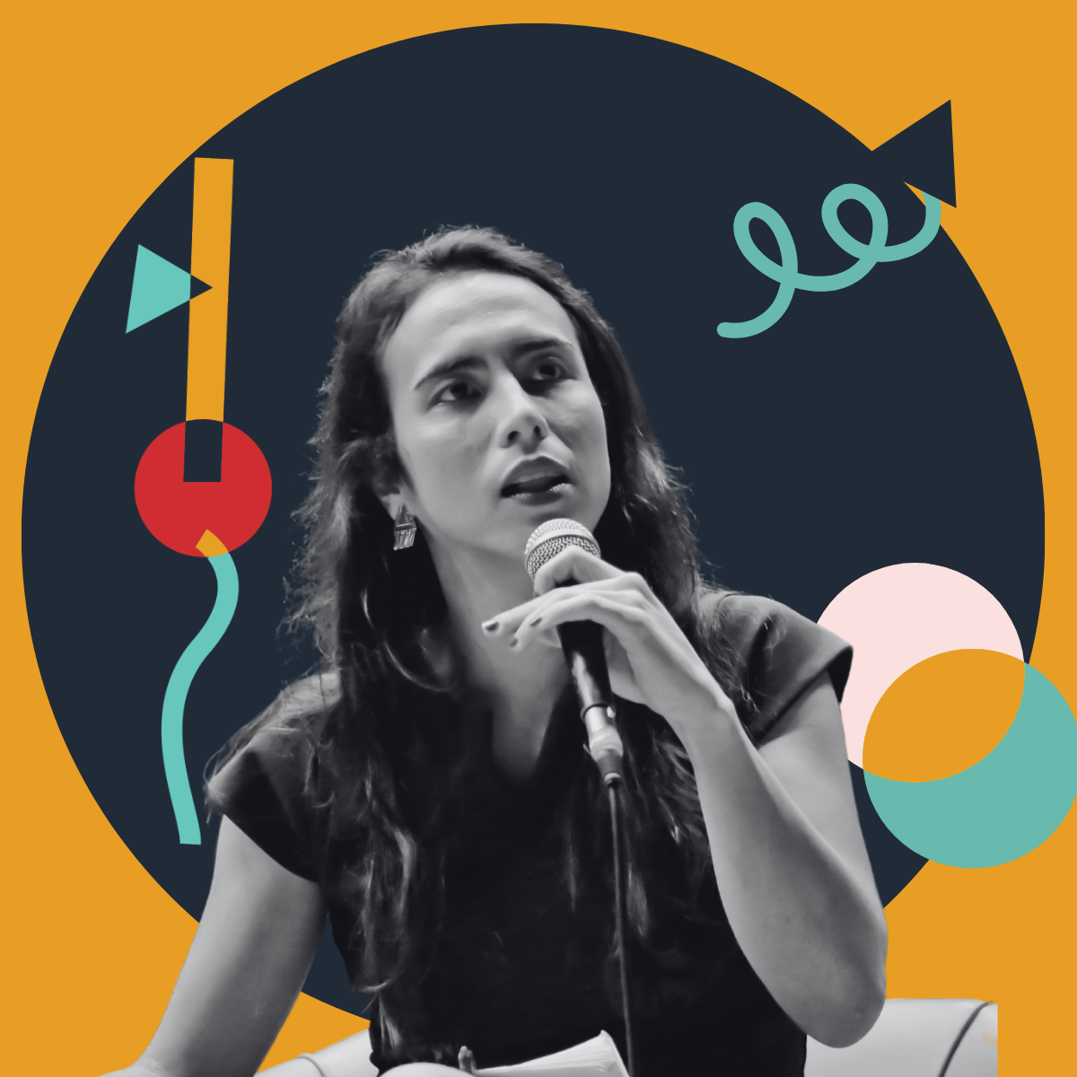 A woman speaking into a microphone, with abstract colorful shapes and a dark circle background.