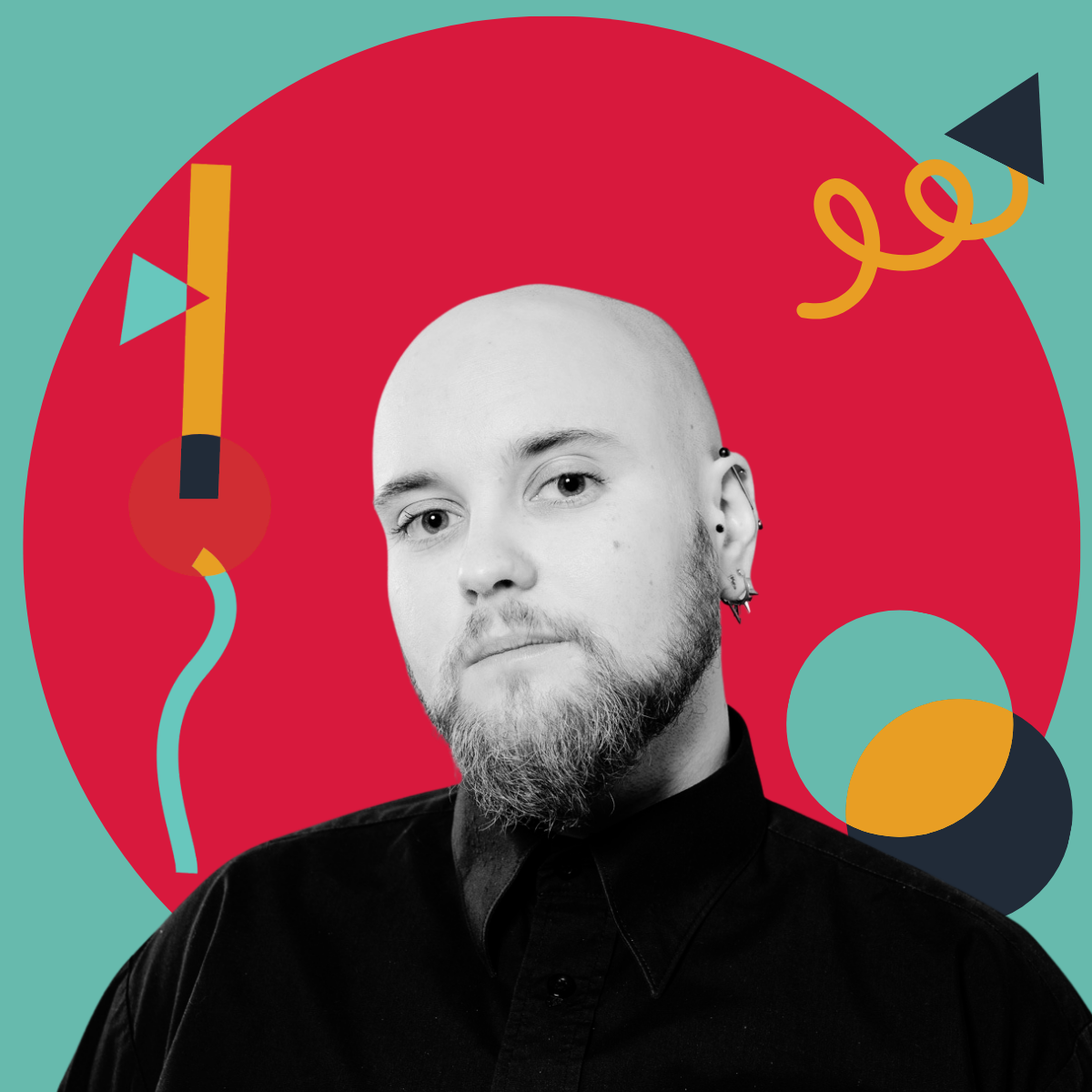 Black and white portrait of a bald man with a beard and multiple ear piercings, wearing a black shirt, against a colorful geometric background with red, teal, yellow, black, and blue shapes.